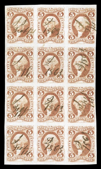 R24a, 5c Certificate, imperforate, block of twelve (3x4), full to extra-large margins all around, rich color, 1863 ms. cancels, a couple light horizontal creases, otherwise
very fine the largest known multiple of this revenue and the only int