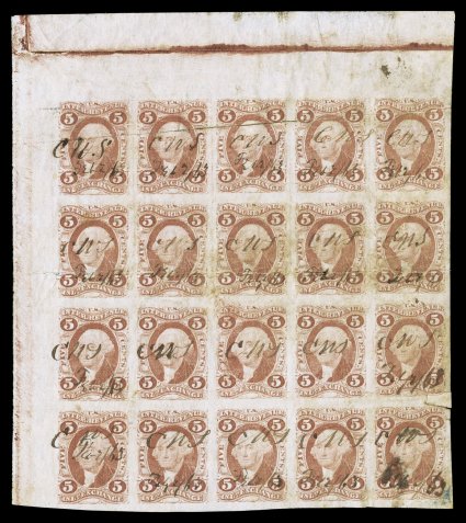R27a, 5c Inland Exchange, imperforate, top left corner sheet-margin block of twenty (5x4), other margins also quite large, rich color, horizontal creases, one at top causes
some splitting of the paper, repair at right between bottom two stamps,