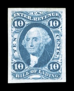 R32a, 10c Bill of Lading, imperforate, choice unused single, with uniformly lavish margins all around, beautiful rich color and a highly detailed impression on bright white
paper, extremely fine gem.