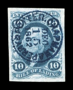 R32a, 10c Bill of Lading, imperforate, striking used single, with four extra-large margins, sumptuously rich color and a clean impression, beautifully cancelled by a complete
strike of a blue handstamped cancel of Potter, Chapman & Perry dat