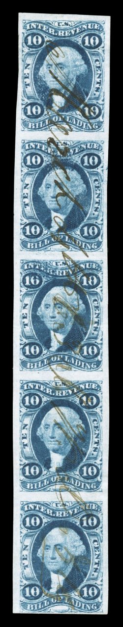 R32a, 10c Bill of Lading, imperforate, vertical strip of five, a little close at bottom, otherwise the margins are uncommonly large, lovely rich color on fresh paper, center
stamp with light crease, otherwise very fine.