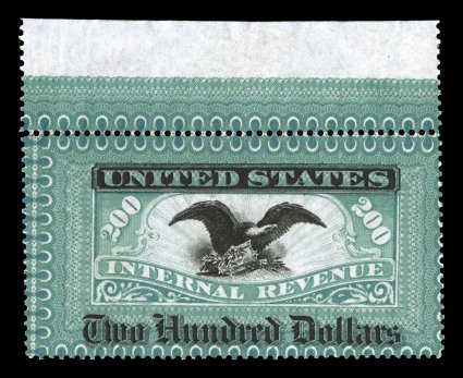 Turner Essay 10b, $200.00 U.S.I.R., perforated plate essay, frame surface printed in blue green, top sheet-margin single, showing the full lathework in the top selvage, strong
rich color, o.g., very fine.