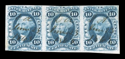 R33a, 10c Certificate, imperforate, horizontal strip of three, full to large margins, strong color and impression, neat ms. cancels, light natural paper wrinkle on right stamp
and tiny tear at top right, very fine appearance ex-Turner.