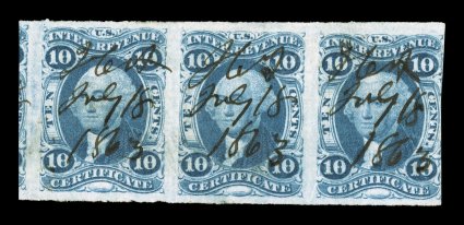 R33a, 10c Certificate, imperforate, horizontal strip of three, large margins except just into design at right, strong color, a few minor paper wrinkles, middle stamp with tiny
central repair, very fine appearance.