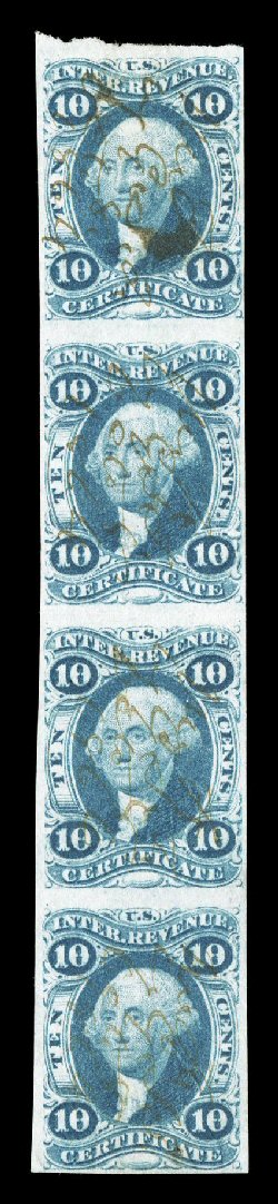 R33a, 10c Certificate, imperforate, vertical strip of four, ample to large margins all around, especially bright and fresh, light ms. cancels, faint horizontal crease between
middle stamps, otherwise very fine ex-Turner.