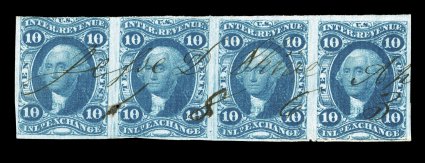 R36a, 10c Inland Exchange, imperforate, horizontal strip of four, rich color, mostly full to large margins, 1863 ms. cancel, edge faults at the bottom of the right stamp,
fine-very fine appearance a rare multiple.