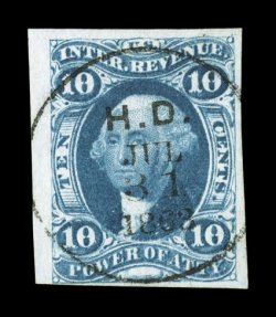 R37a, 10c Power of Attorney, imperforate, lovely single, full to very large margins around, sumptuously rich color and an outstanding impression on fresh white paper, light
central handstamped cancel dated Jul. 31, 1863, very fine.