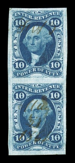 R37a, 10c Power of Attorney, imperforate, a marvelous quality vertical pair, with exceedingly large balanced margins all around, plus its color is an eye-arresting deep shade
and its impression prooflike on fresh paper, light 1866 ms. cancels, a