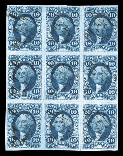 R37a, 10c Power of Attorney, imperforate, reconstructed block of nine, comprising a block of six and a the bottom strip of three, especially deep color and a well incised
impression, full to large margins, just into the design at top right, tiny
