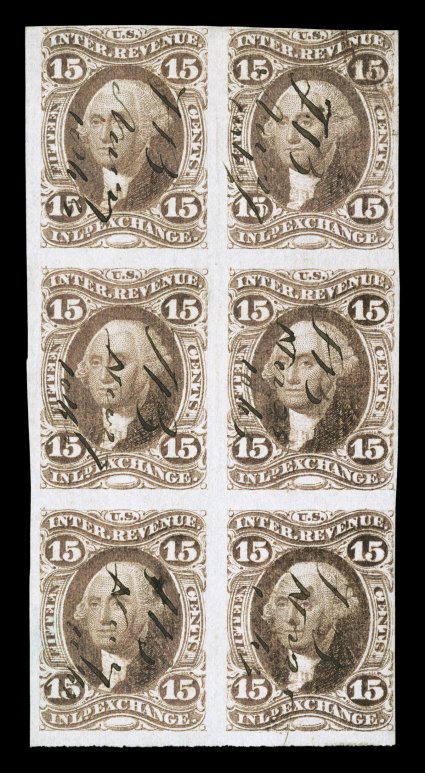 R40a, 15c Inland Exchange, imperforate, block of six (2x3), close to large margins, just touching the design at top right, rich color, neat ms. cancels, fine-very fine one of
only two intact blocks of six, the largest known multiple of this s