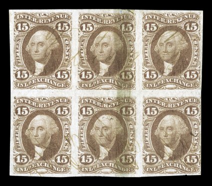 R40a, 15c Inland Exchange, imperforate, another block of six (3x2), this one had been severed through the middle stamps and rejoined, rich color, the two outer pairs are sound
and fine-very fine the largest known multiple of this stamp, being