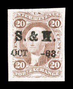 R41a, 20c Foreign Exchange, imperforate, highly desirable used single, four large to extra-large margins, strong color, S. & H. Oct - 63 printed cancel, extremely fine
gem.