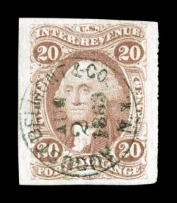 R41a, 20c Foreign Exchange, imperforate, premium used single, large to huge margins all around, rich fresh color and a crisp impression, neatly cancelled by a complete strike
of a handstamped c.d.s. of August Belmont & Co., N.Y., dated Aug. 21,