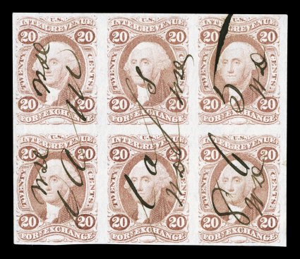 R41a, 20c Foreign Exchange, imperforate, block of six (3x2), full to large margins all around, fresh color, 1865 ms. cancel, light diagonal crease affects three stamps,
otherwise very fine this is the only recorded block of six, with just two l
