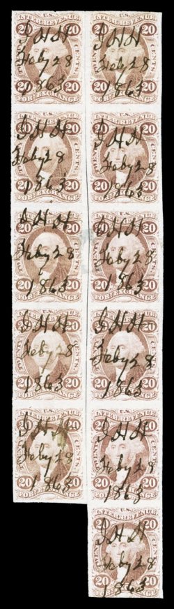 R41a, 20c Foreign Exchange, imperforate, reconstructed block of eleven, comprised of vertical strips of five and six, attractive color, 1863 ms. cancels, small faults, very
fine appearance this is the largest known multiple of the Twenty Cent