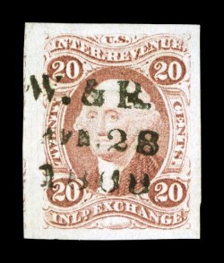 R42a, 20c Inland Exchange, imperforate, outstanding used single, with huge margins all around, lovely rich color, three-line handstamped cancel, an extremely fine
gem.