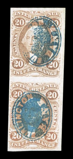 R42a, 20c Inland Exchange, imperforate, vertical pair, four full to mostly large margins, strong color, beautifully cancelled by blue negative ovals of Burlington Bank, very
fine one of the most eye-appealing cancels of the First Issue reve