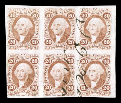 R42a, 20c Inland Exchange, imperforate, block of six (3x2), close at left, otherwise large margins including a portion of the adjoining stamp at right, ms. cancel on right
block leaving the left pair uncancelled, shallow thin spot at top, otherw