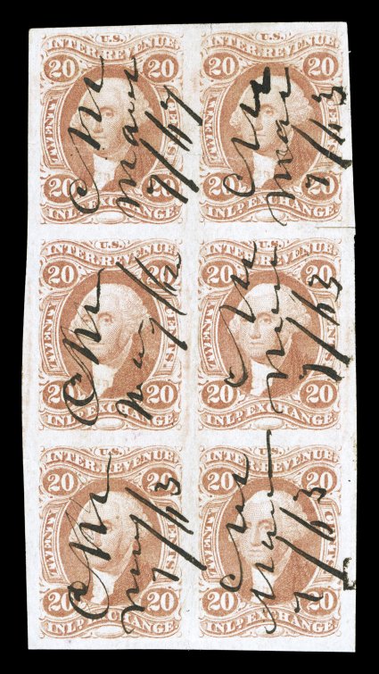R42a, 20c Inland Exchange, imperforate, block of six (2x3), huge margins all around, strong rich color, 1863 ms. cancels, light creasing mostly affecting the top pair, small
scissor cut at right between the top two stamps, top right stamp with s