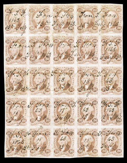 R42a, 20c Inland Exchange, imperforate, block of 25 (5x5), full margins, 1863 ms. cancels, some faults including a horizontal crease through the middle stamps that caused
separation (now rejoined with hinges), very fine appearance by far the