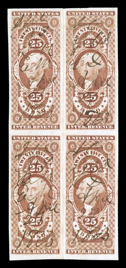 R43a, 25c Bond, imperforate, reconstructed block of four, comprised of two vertical pairs, large margins, rich color, top pair with horizontal crease ending in a tear at right,
very fine appearance the largest known multiple, being one of onl