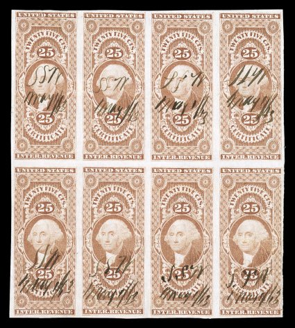 R44a, 25c Certificate, imperforate, block of eight (4x2), full to large margins, attractive color, 1863 ms. cancels, horizontal crease through bottom stamps, top right stamp
with two tiny tears, very fine appearance this is the second largest m