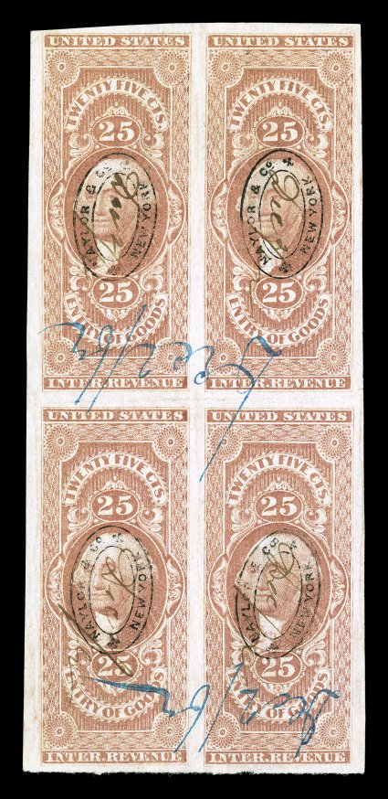 R45a, 25c Entry of Goods, imperforate, block of four, large to extra-large margins all around, bright fresh color, cancelled by blue ms. dated 1863 and petite oval handstamps
of Naylor & Co., New York, light horizontal crease between stamps and