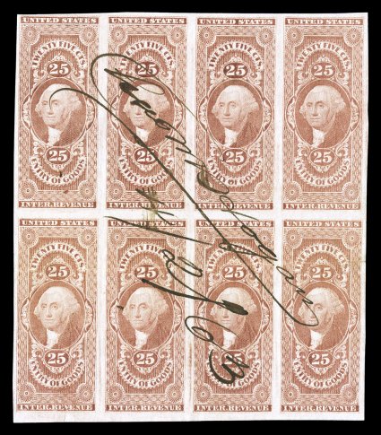 R45a, 25c Entry of Goods, imperforate, block of eight (4x2), strong rich color, large margins all around, 1863 ms. cancel, faint horizontal crease between stamps, small tear in
bottom left stamp, reinforced crease in bottom that causes some pape