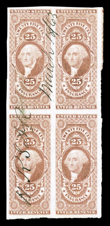 R46a, 25c Insurance, imperforate, scarce block of four, large to huge margins all around, rich color, 1863 ms. cancel, a couple faint creases and a tiny pinhole on bottom left
stamp caused by the cancel, very fine appearance.