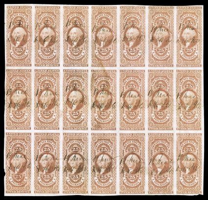 R46a, 25c Insurance, imperforate, block of 21 (7x3), which is not only the largest known multiple of this stamp, it is the largest multiple of any 25c denomination, large
margins all around, strong color, a couple small sealed tears and hori