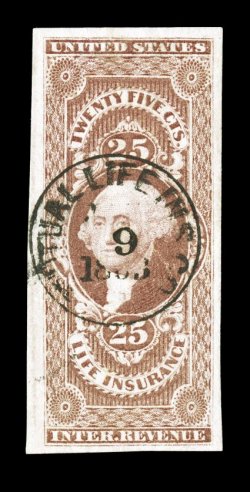 R47a, 25c Life Insurance, imperforate, outstanding used single, large to huge margins all around, deep rich color, complete centrally struck 1863 handstamped c.d.s. of Mutual
Life Insurance, extremely fine an uncommonly choice example.