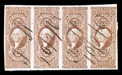 R47a, 25c Life Insurance, imperforate, horizontal strip of four, large margins all around, rich color, 1863 ms. cancels, second stamp with trivial wrinkle, very
fine.