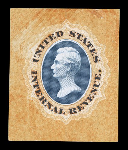 Turner Essay 19, Lincoln Head U.S.I.R. die essay in dull orange and gray blue, measuring a large and balanced 41x50mm, exceptionally fresh, very fine a rather scarce
essay.