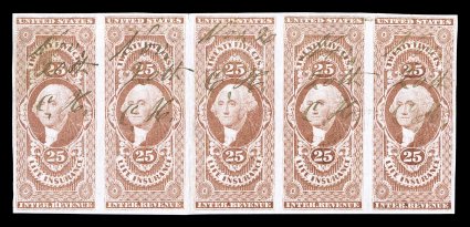 R47a, 25c Life Insurance, imperforate, horizontal strip of five, wonderfully bright color, large margins all around, light ms. cancels, trivial crease at top and a faint
vertical crease between second and third stamps that ends in a tiny tear, v