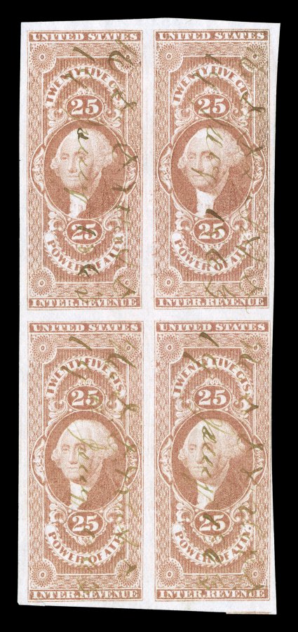 R48a, 25c Power of Attorney, imperforate, attractive block of four, mostly large margins around, fresh color, light 1863 ms. cancels, very fine.