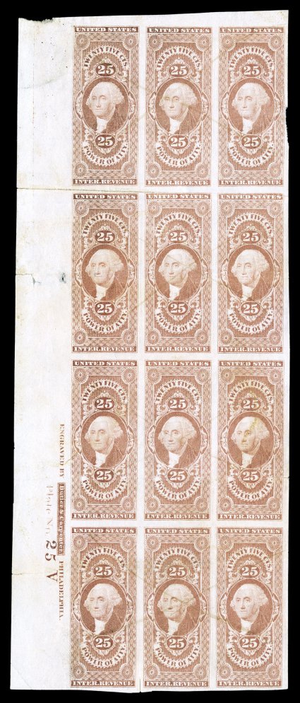 R48a, 25c Power of Attorney, imperforate, left margin imprint and Plate No. 25V block of twelve (3x4), large margins, light ms. X cancels, scissor cut at left between top two
rows, other small tears and creases, very fine appearance this