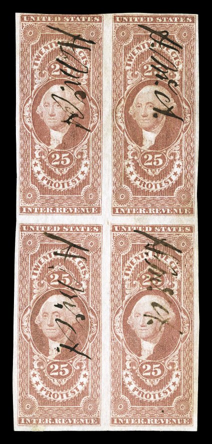 R49a, 25c Protest, imperforate, block of four, especially rich color and clean impression, neat ms. cancels, minor creasing, otherwise very fine.