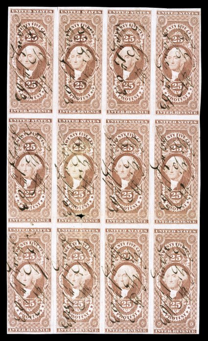 R49a, 25c Protest, imperforate, block of twelve (4x3), full margins nearly all around, attractive color, 1863 ms. cancels, usual creasing, some of which have been hinge
reinforced, small hole in position 6, otherwise very fine appearance this