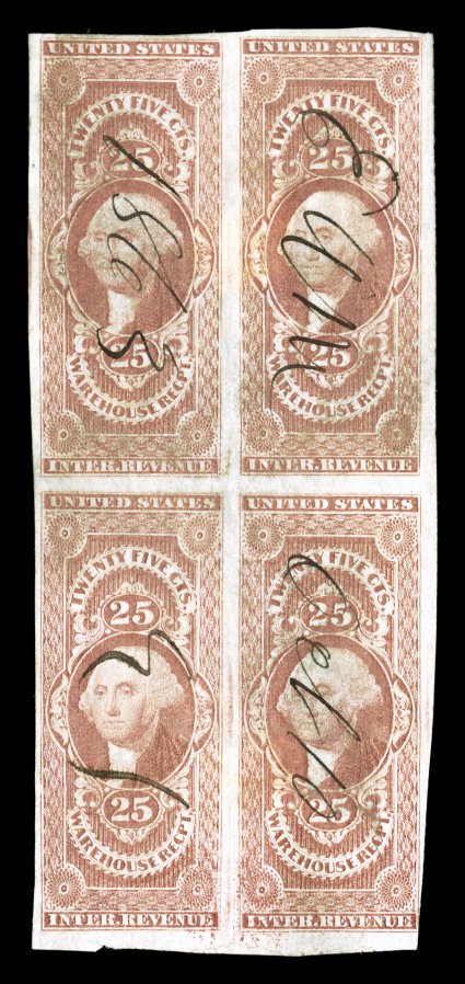 R50a, 25c Warehouse Receipt, imperforate, block of four, mostly large margins all around, just touching the frame line at bottom right, strong rich color, 1863 ms. cancel, a
few trivial flaws, otherwise very fine a very scarce block, of which o