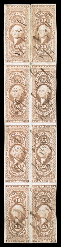 R50a, 25c Warehouse Receipt, imperforate, block of eight (2x4), 1864 ms. cancels, vertical crease between stamps which caused paper splitting at top (reinforced), fine-very
fine appearance the largest known multiple of this revenue stamp and