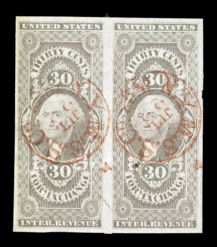 R51a, 30c Foreign Exchange, imperforate, horizontal pair, large margins all around, rich color, lovely light red c.d.s. handstamped cancels, faint horizontal crease and tiny
pinhole on right stamp, otherwise very fine.