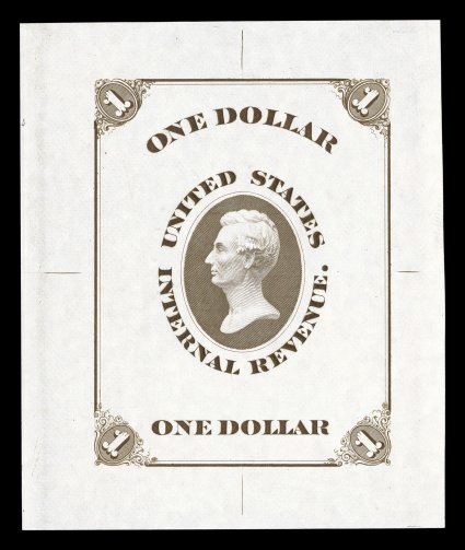 Turner Essay 20a, $1.00 Lincoln U.S.I.R. die essay in brown on white glazed paper, measuring an impressive 64x77mm, allowing the full registration guide lines to show on all
four sides which is almost never encountered on these, extremely fine an