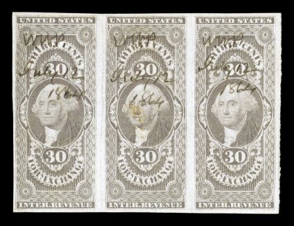 R51a, 30c Foreign Exchange, imperforate, scarce horizontal strip of three, large margins all around, bright rich color, neat unobtrusive 1864 ms. cancels, middle stamp with
small tear at bottom and faint central stain, otherwise very fine ex-