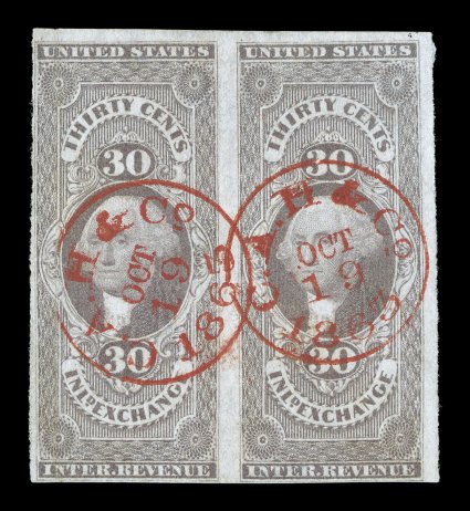R52a, 30c Inland Exchange, imperforate, horizontal pair, close to very large margins all around, fresh color, beautiful bright red handstamps of C.A.H. & Co., Oct 19, 1863,
left stamp with light vertical crease, otherwise very fine.