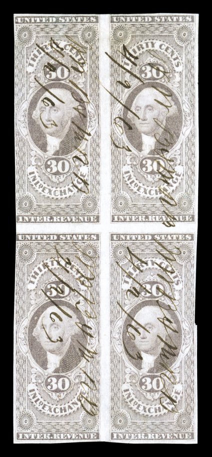 R52a, 30c Inland Exchange, imperforate, rare block of four, rich color, 1863 ms. cancels, light horizontal crease in top stamps, otherwise fine-very fine the largest recorded
off-document multiple (a block of six exists on document), being