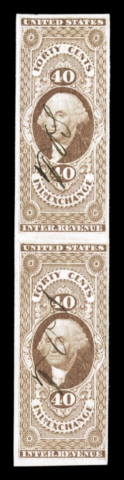 R53a, 40c Inland Exchange, imperforate, vertical pair, full to mostly large margins all around, lovely rich color and a crisp impression, small neat ms. cancels, light
horizontal crease between the stamps, otherwise very fine one of the rares