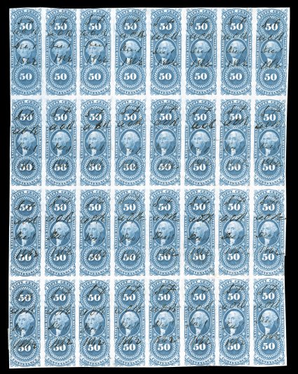 R54a, 50c Conveyance, imperforate, block of 32 (8x4), rich bright color, Dec. 1, 1862 ms. cancels, some creasing as expected, with some resulting paper splitting, a couple
hinged sealed tears, very fine appearance this showpiece is not only t