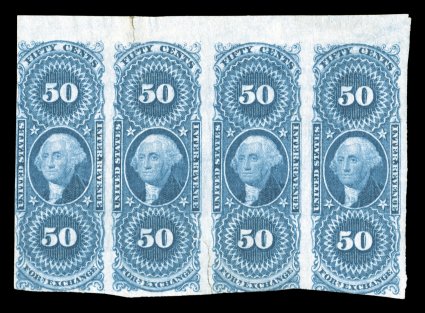 R56a, 50c Foreign Exchange, imperforate, unused top sheet-margin horizontal strip of four, exceptionally fresh color, two sealed tears, fine appearance this is the largest
known multiple, being one of only two strips of four recorded and no b