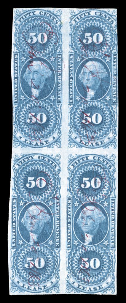 R57a, 50c Lease, imperforate, very scarce block of four, strong color, light violet ms. cancels, two tiny thin spots, otherwise fine ex-Holcombe.