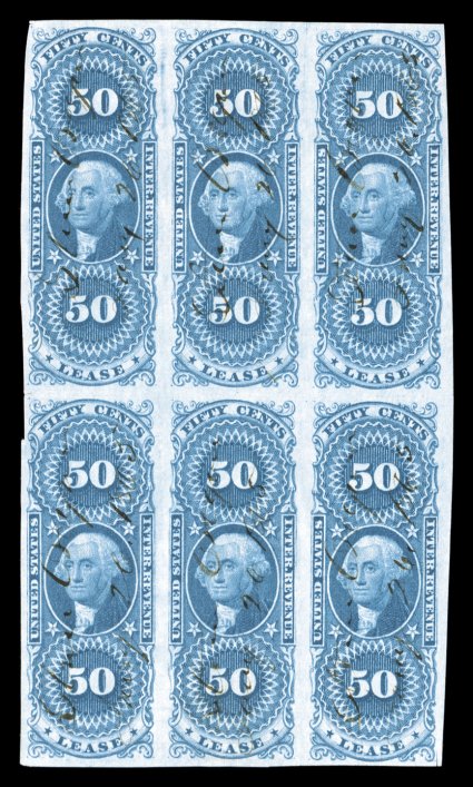 R57a, 50c Lease, imperforate, block of six (3x2), large margins all around, exceedingly bright and fresh, light 1865 ms. cancels, a few minor creaseswrinkles, tiny scissor cuts
between stamps at left and in the bottom right margin, very fine ap
